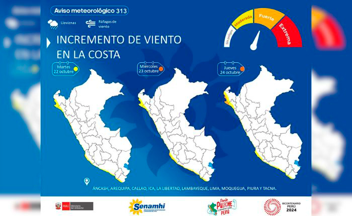 Senamhi señala que el fenómeno se presentaría del 22 al 24 de octubre