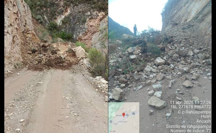 Deslizamientos por lluvias bloquean rutas vecinales en Rahuapampa, Huari
