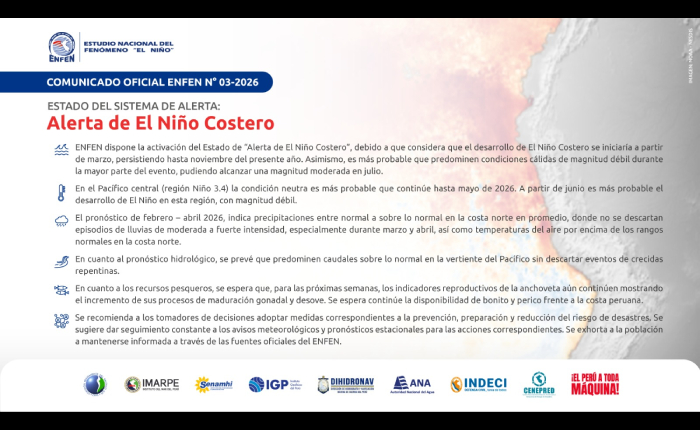 ENFEN activa alerta de El Niño Costero y prevé lluvias, altas temperaturas y crecidas en ríos
